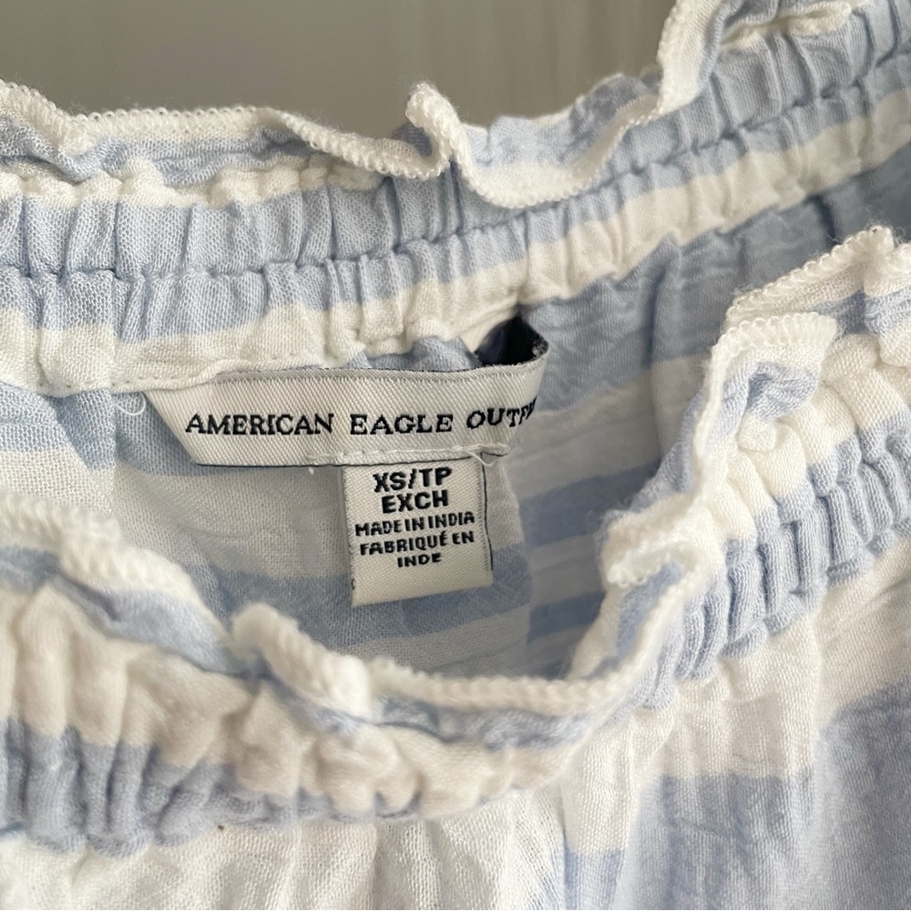 AE American Eagle Off Shoulder Eyelet Top Womens XS Blue White Striped Boho - Picture 8 of 9